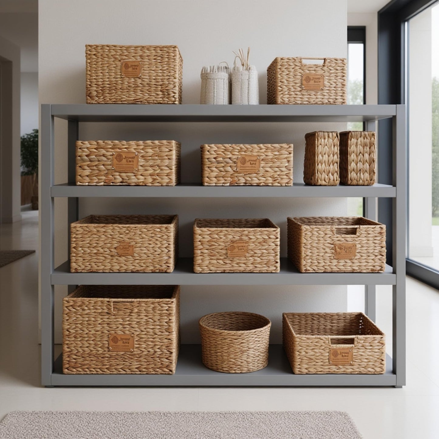 The five water hyacinth baskets from the set arranged across a shelving unit