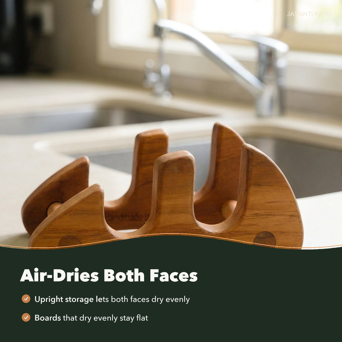 Two-slot teak board stand by a kitchen sink, air-drying design