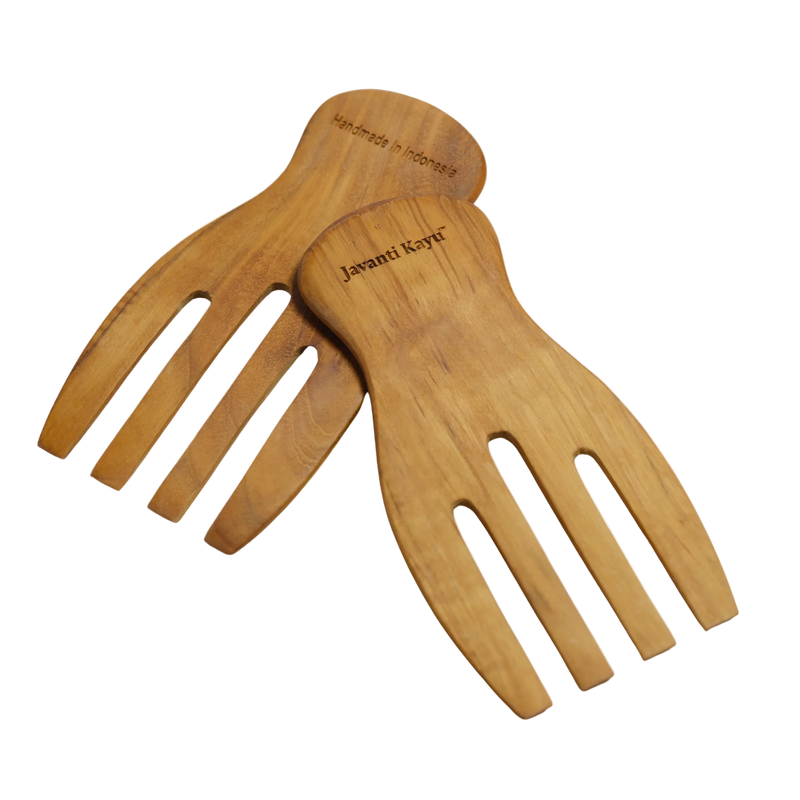 Two wooden combs with 'Javanti Kayu' branding on a white background