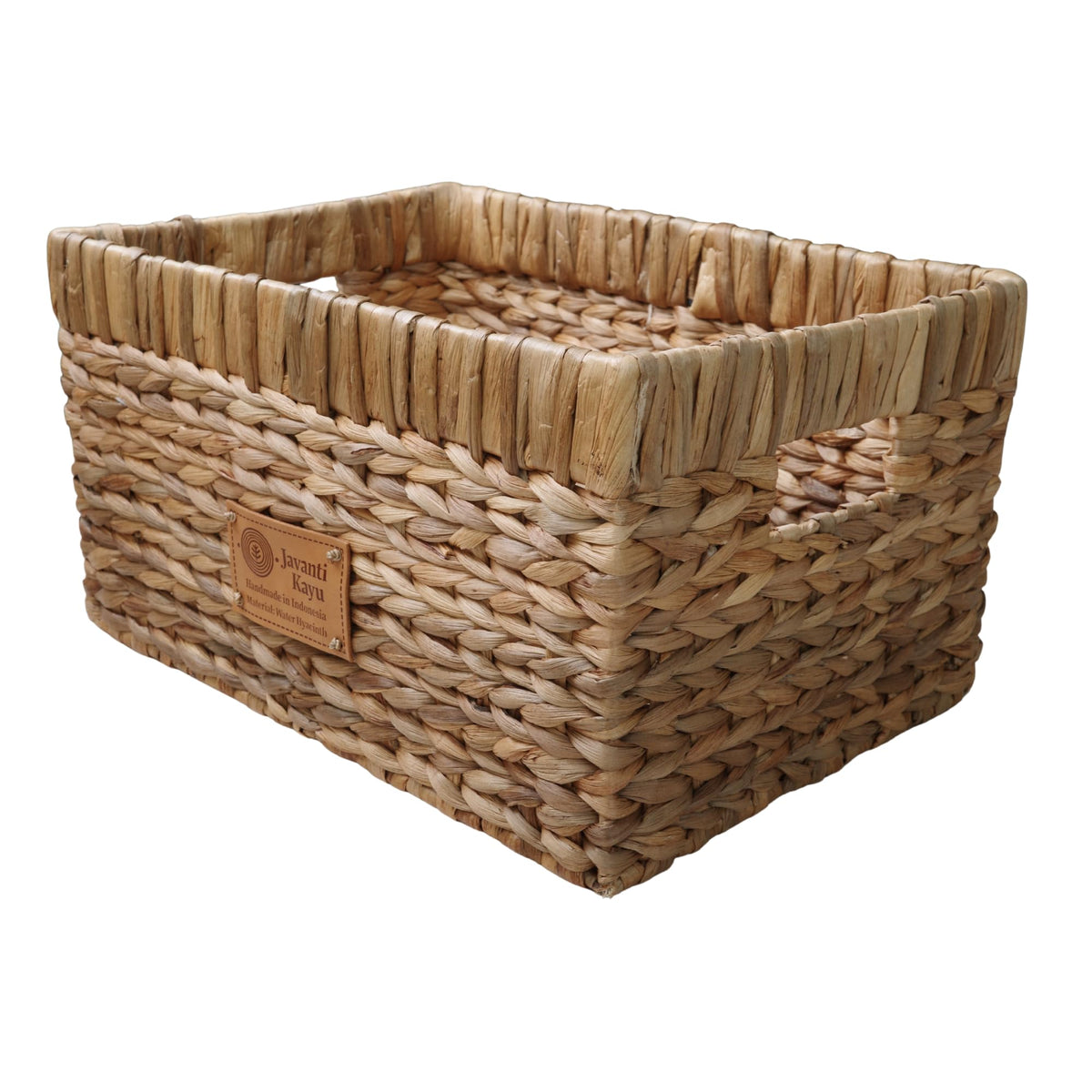 Mid size water hyacinth storage basket, handwoven over a steel frame with cutout handles