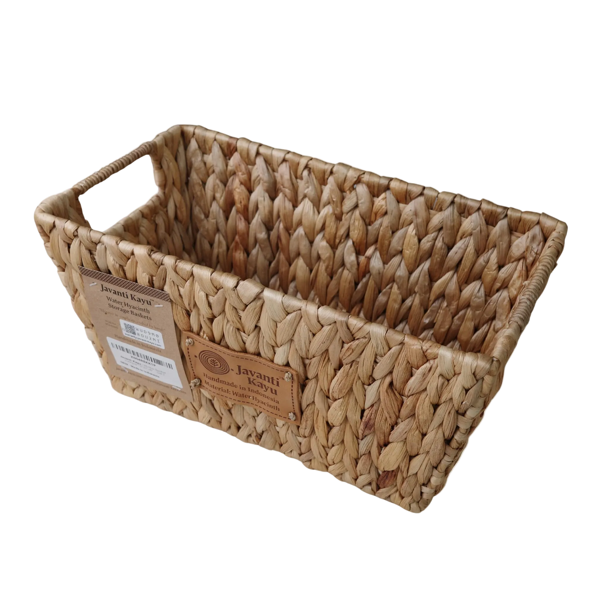 Handwoven water hyacinth storage basket with cutout handles and Javanti Kayu label