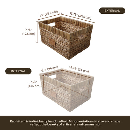 Medium basket dimensions: 13.75 by 10 by 7.75 inches external, 13.25 by 9.5 by 7.25 inches internal