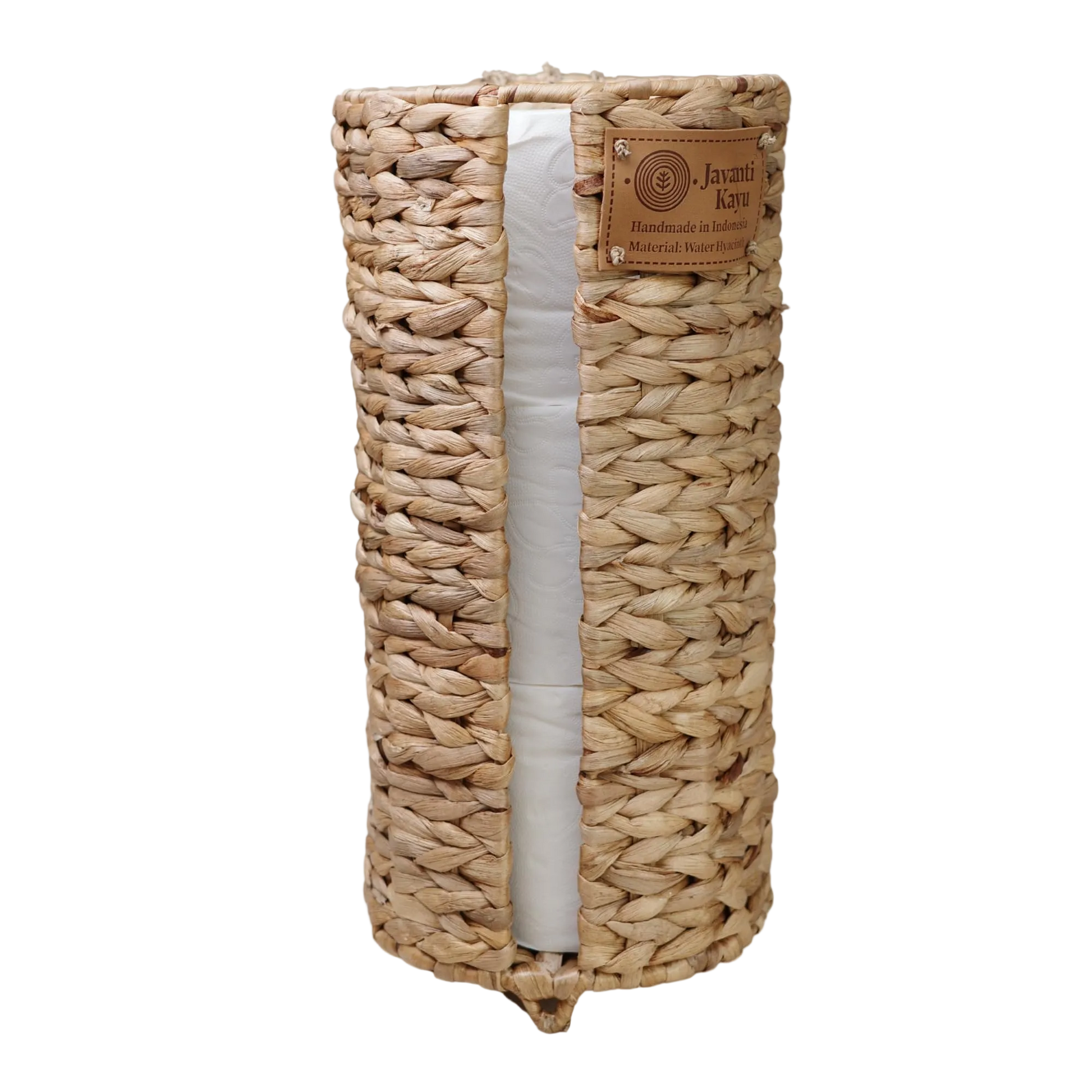 Water hyacinth basket storing a spare toilet paper roll, Javanti Kayu label