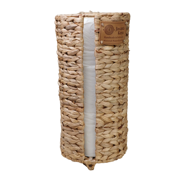 Water hyacinth basket storing a spare toilet paper roll, Javanti Kayu label