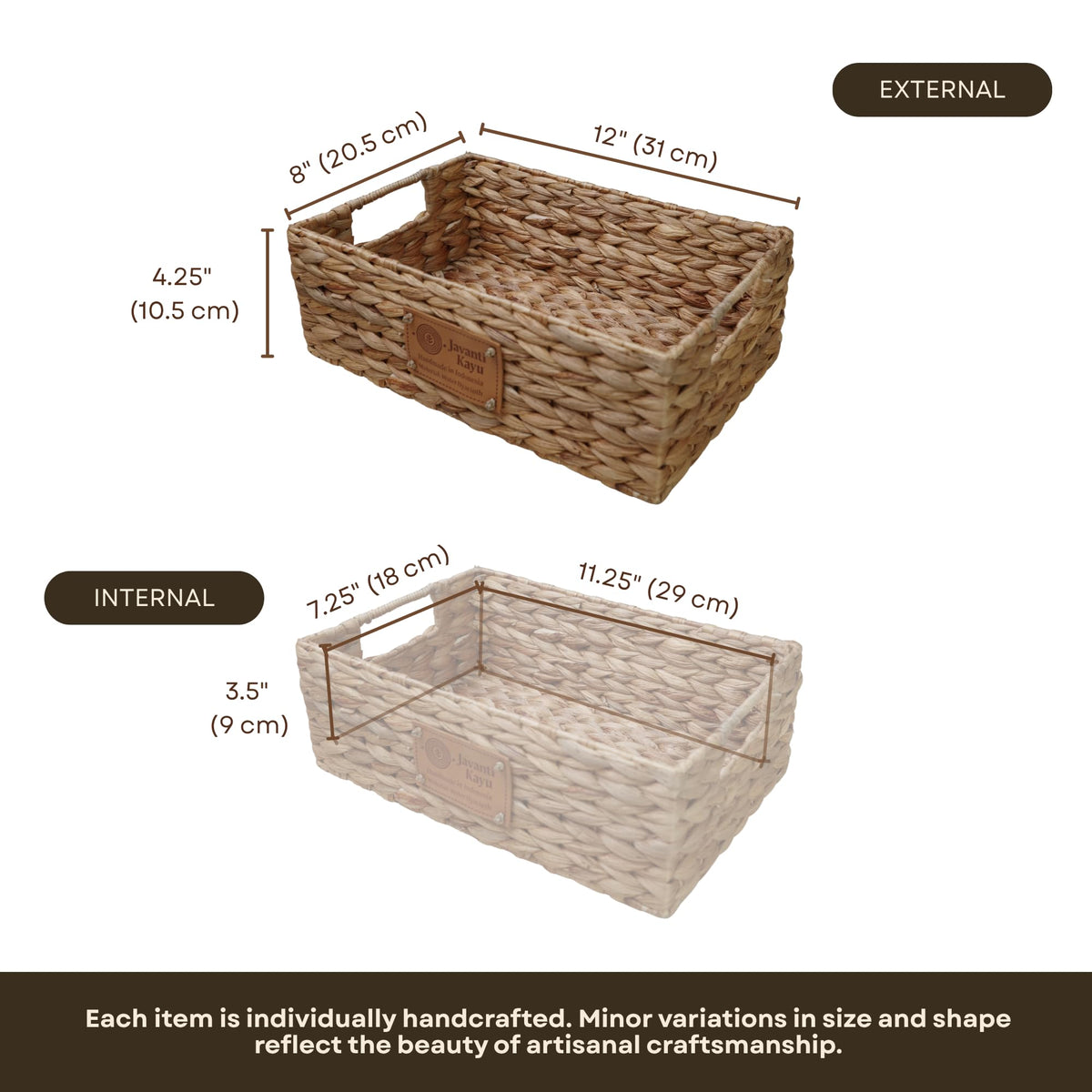 Small basket dimensions: 12 by 8 by 4 inches external, 11.25 by 7.25 by 3.5 inches internal