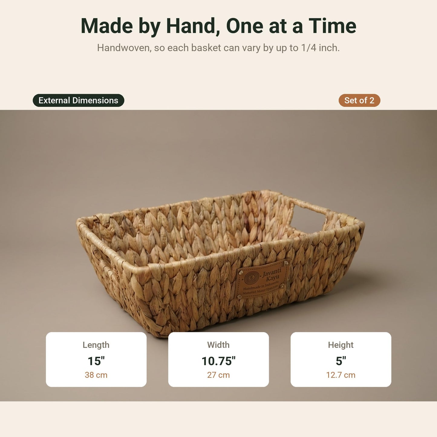 External dimensions of the shallow woven tray: 15 by 10.75 by 5 inches, 38 by 27 by 12.7 cm