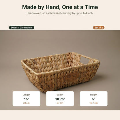 External dimensions of the shallow woven tray: 15 by 10.75 by 5 inches, 38 by 27 by 12.7 cm