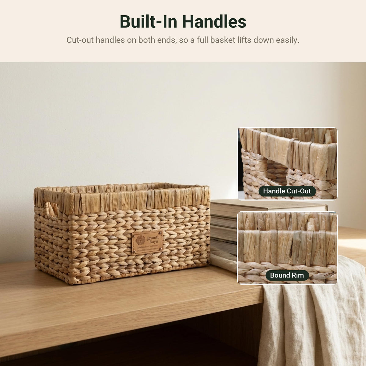 Mid water hyacinth basket holding notebooks, cut-out handle and bound rim detail