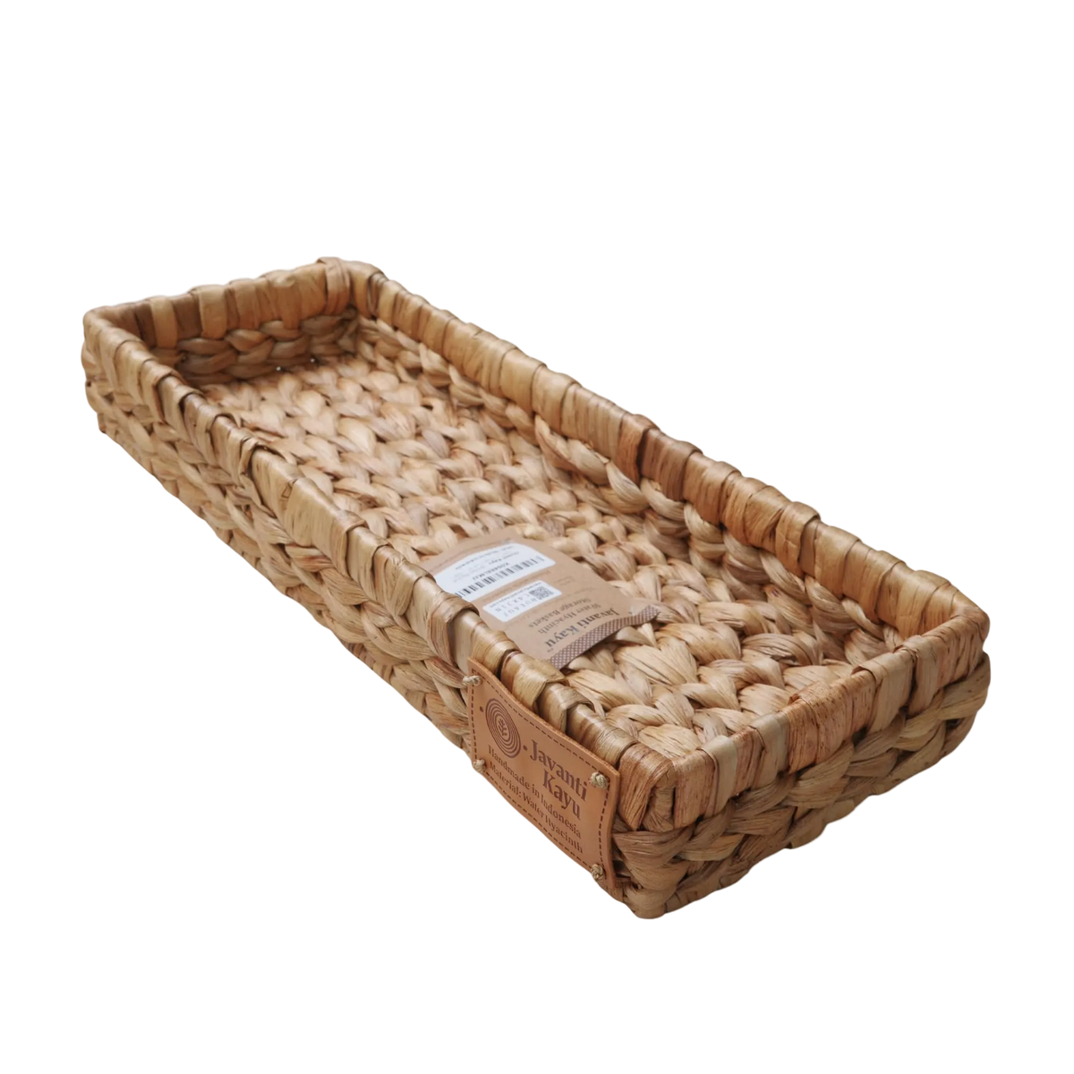 Slim handwoven water hyacinth tray with Javanti Kayu label