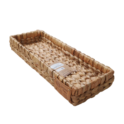 Slim handwoven water hyacinth tray with Javanti Kayu label