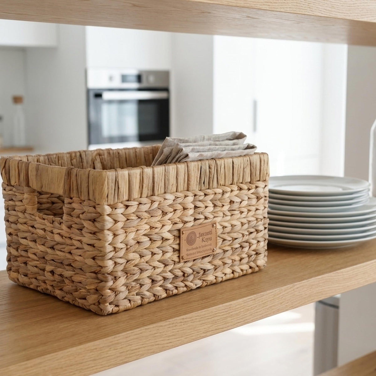 Mid basket on a kitchen shelf holding folded linens