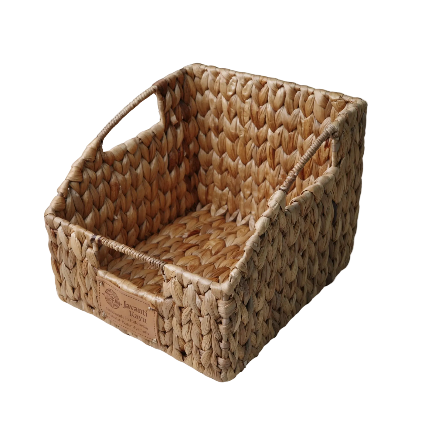 Open-front water hyacinth pantry bin with slanted cutout and woven handles