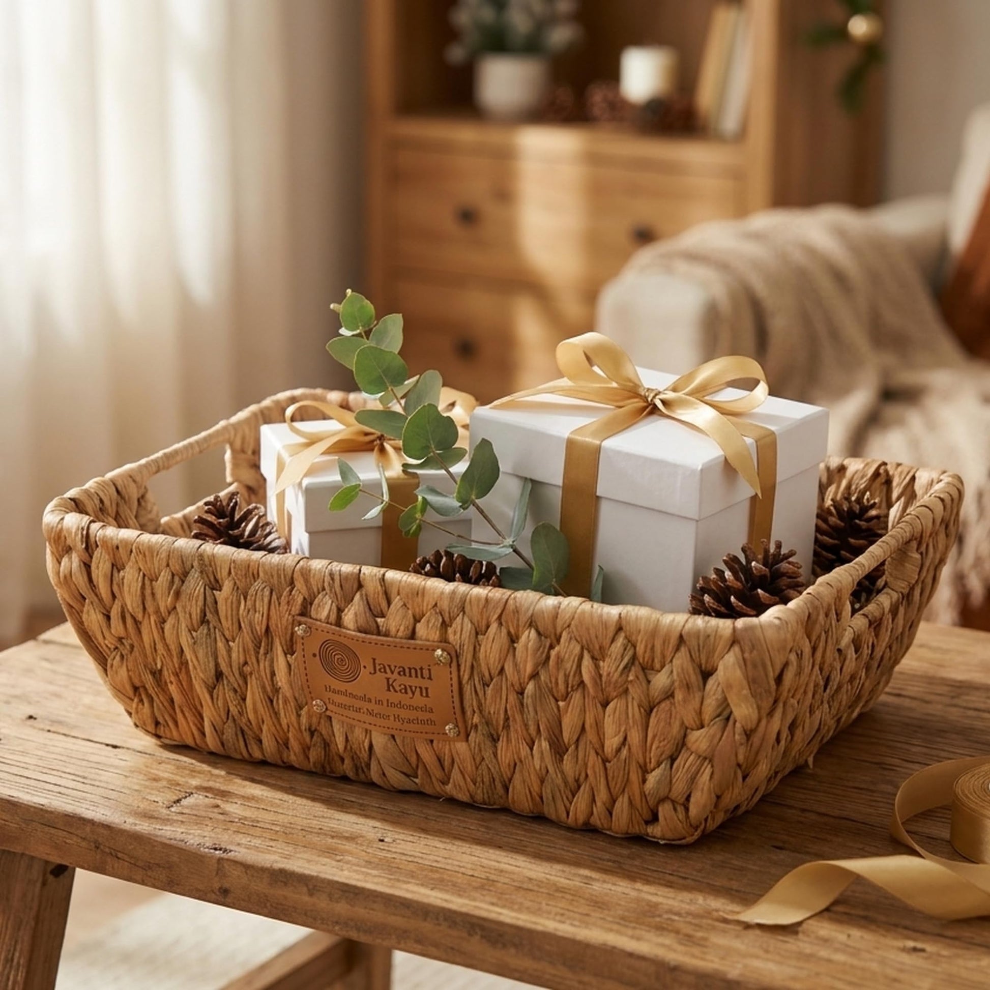 Shallow woven water hyacinth tray on a bench holding wrapped gifts and eucalyptus