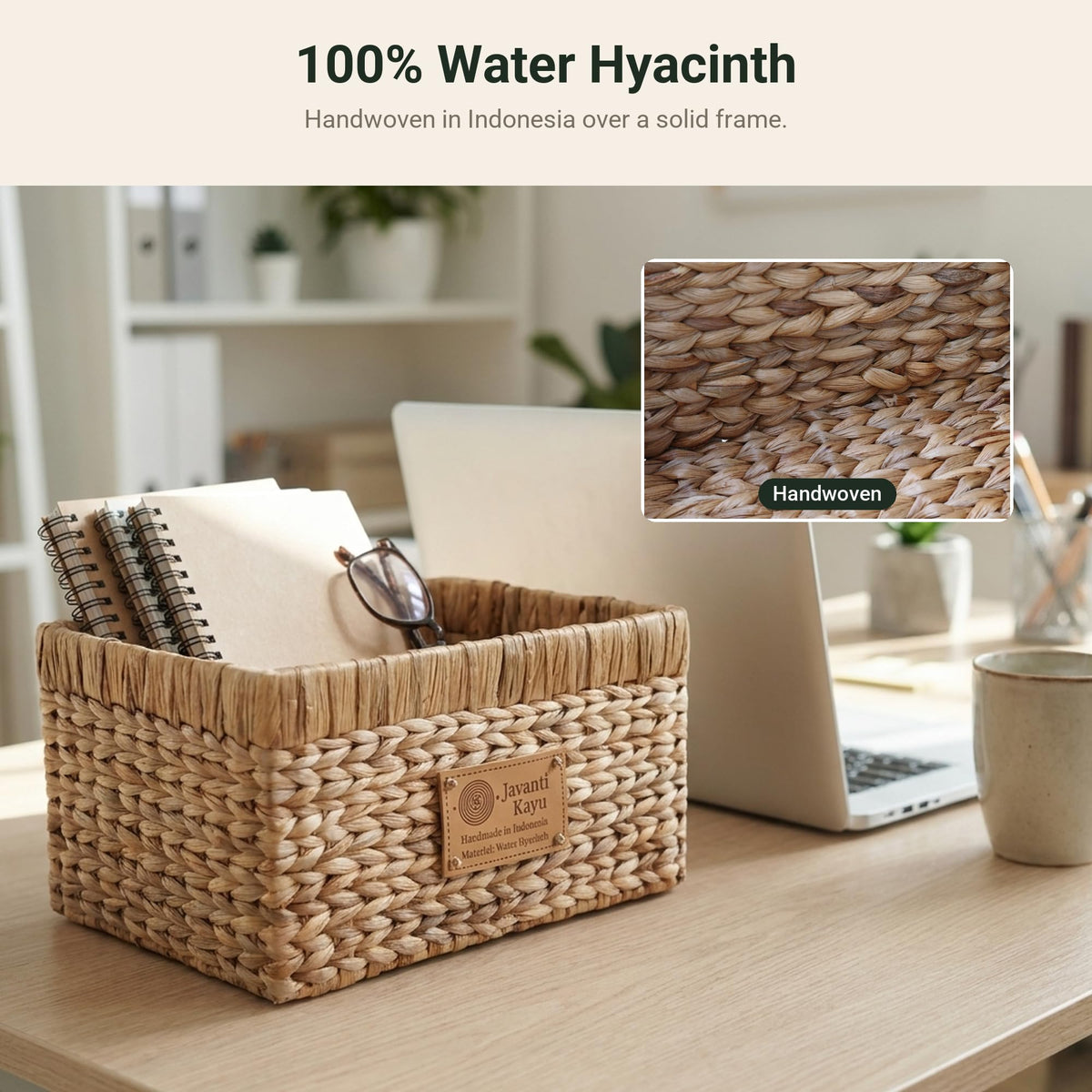 Mid water hyacinth basket on a desk holding stationery, with a close-up of the weave