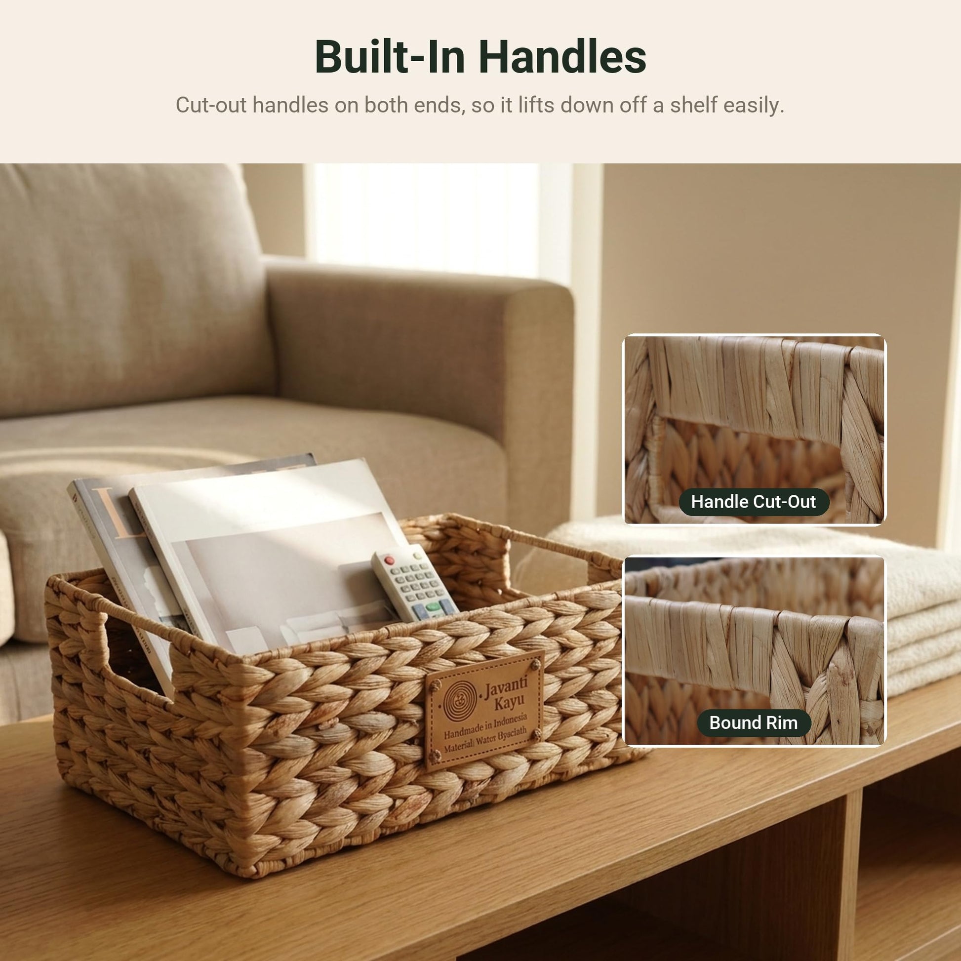 Small water hyacinth basket on a side table, cut-out handle and bound rim detail