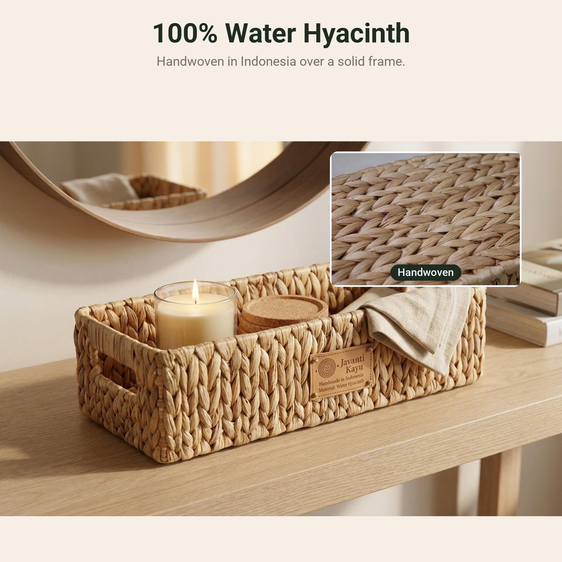 Long water hyacinth basket on a console table with a candle, close-up of the weave