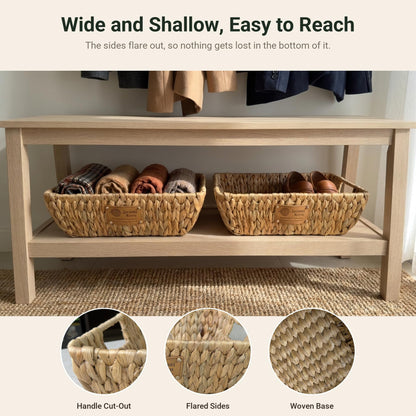 Flared sides, woven base and cut-out handle detail of the water hyacinth tray