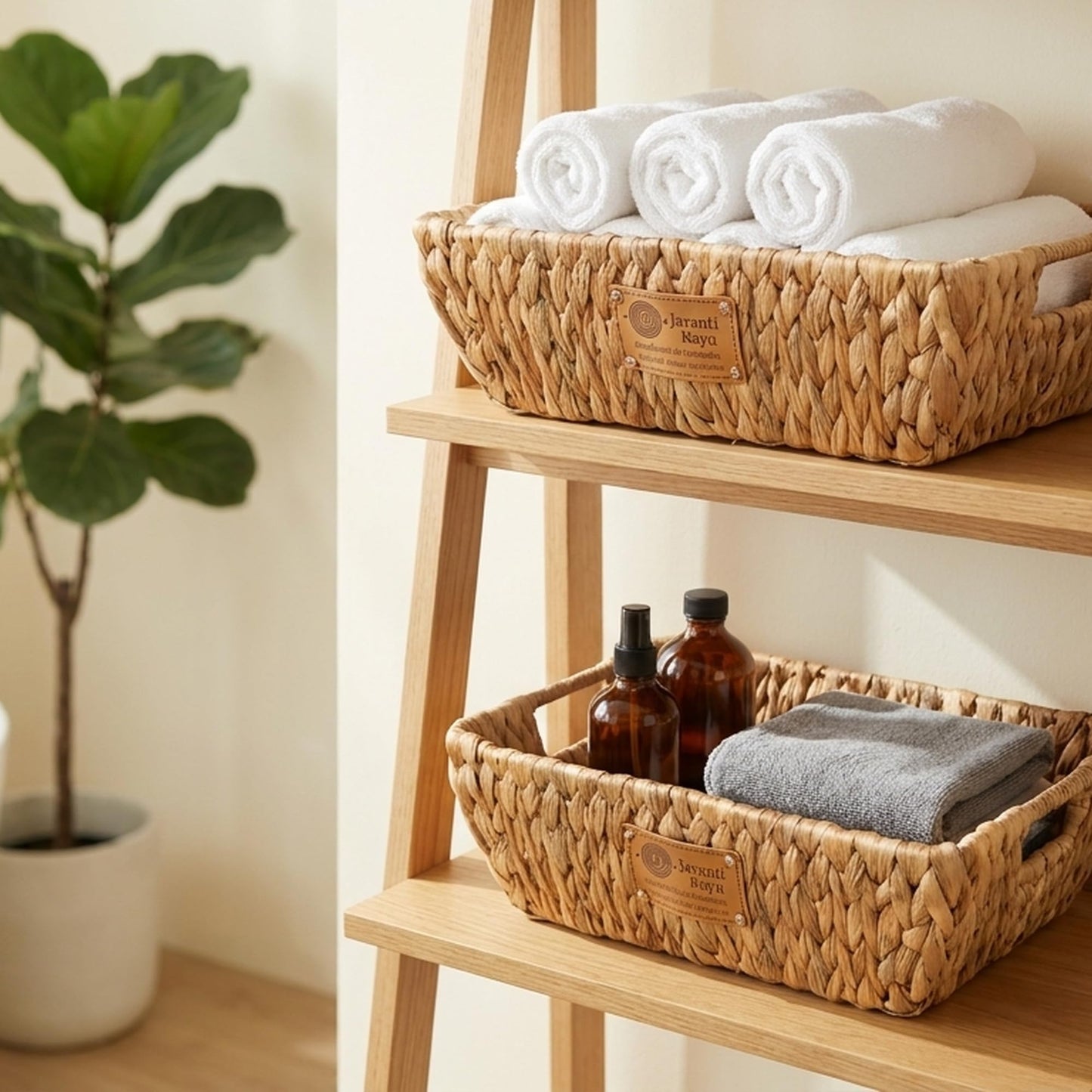 Two shallow woven trays on a ladder shelf holding rolled towels and bathroom bottles