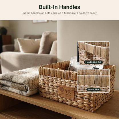 Medium water hyacinth basket in a living room, cut-out handle and bound rim detail