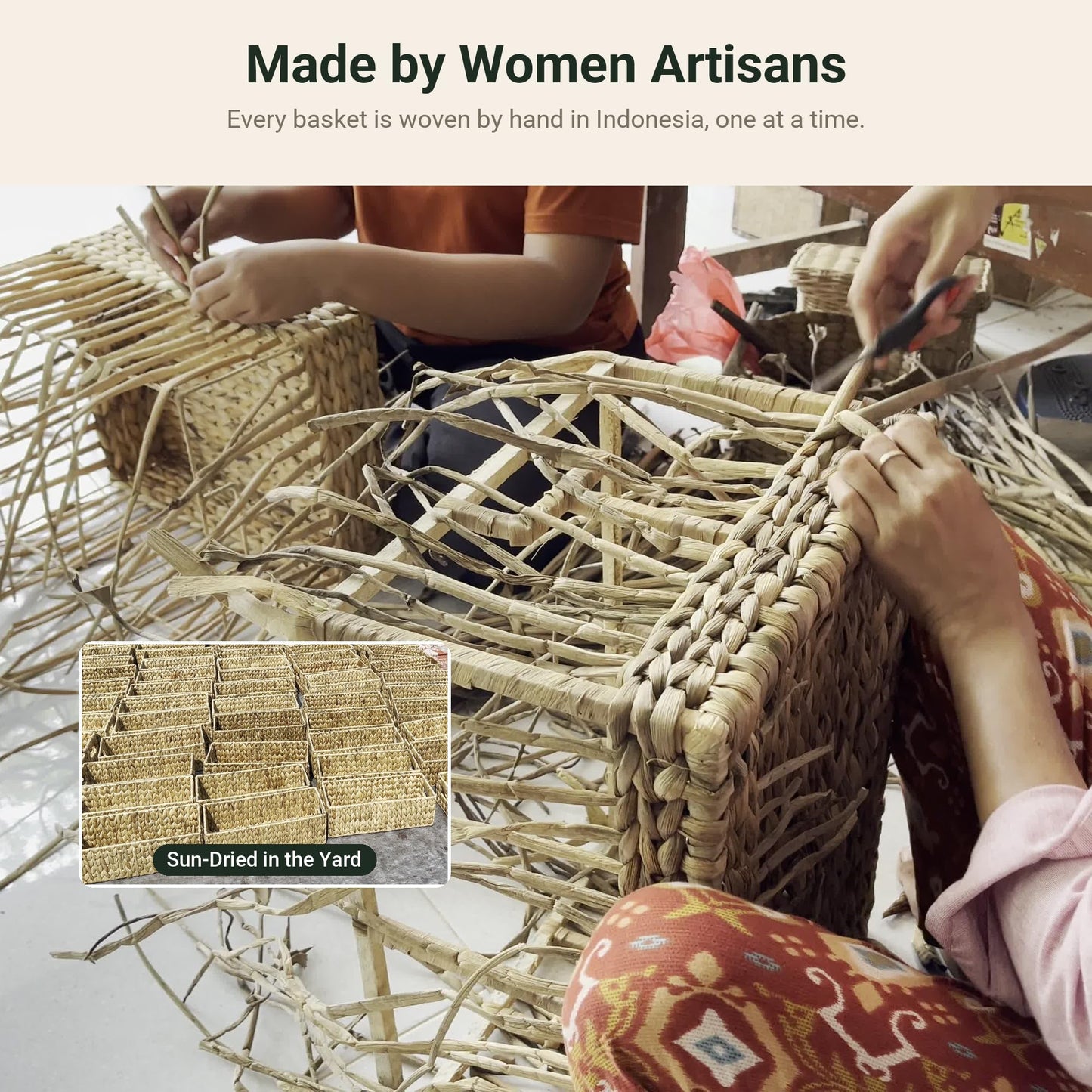 Women artisans in Indonesia weaving water hyacinth baskets by hand