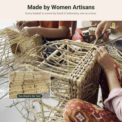 Women artisans in Indonesia weaving water hyacinth baskets by hand