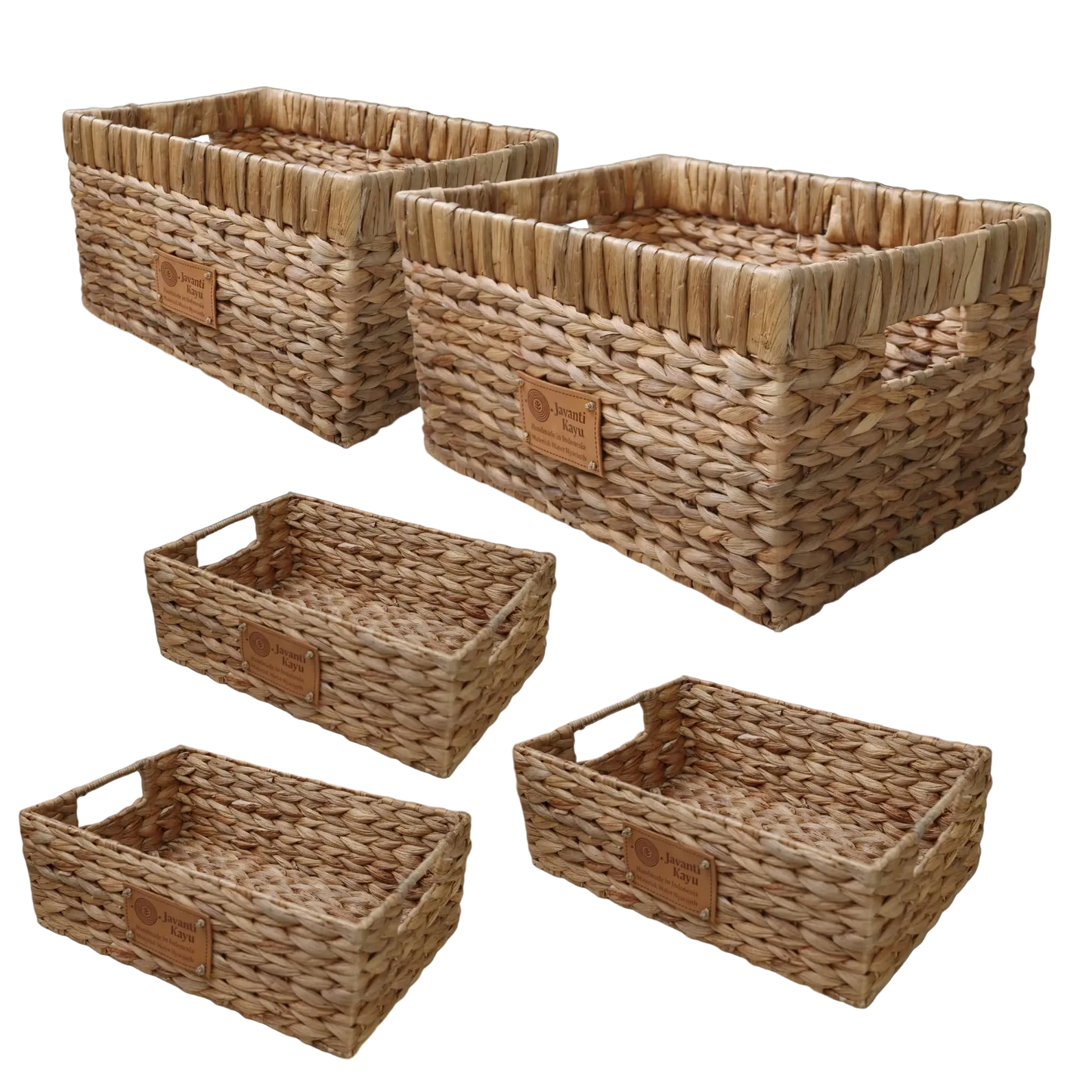 Set of 5 handwoven water hyacinth baskets, three small and two medium, with Javanti Kayu labels