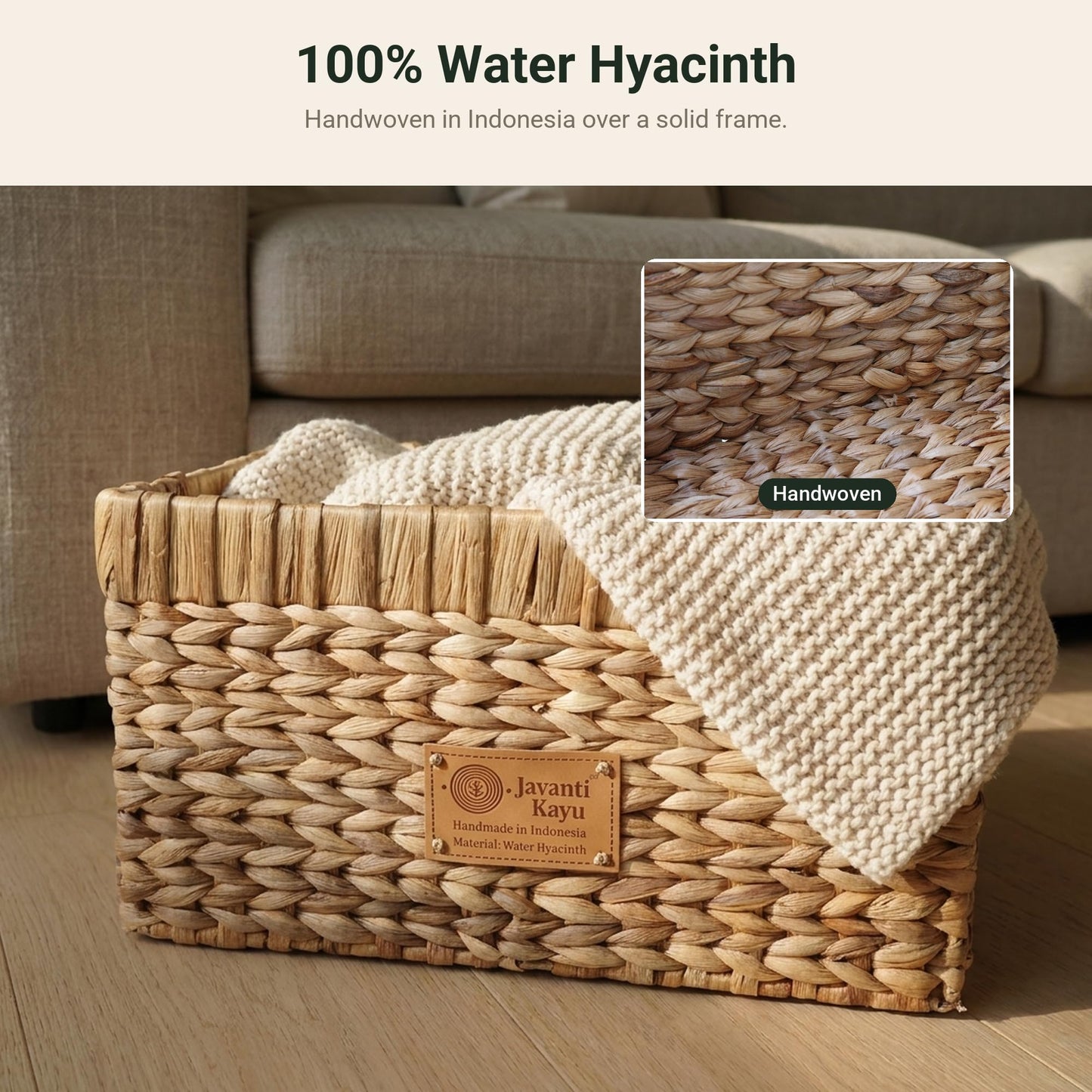 Medium water hyacinth basket holding a folded throw, with a close-up of the weave