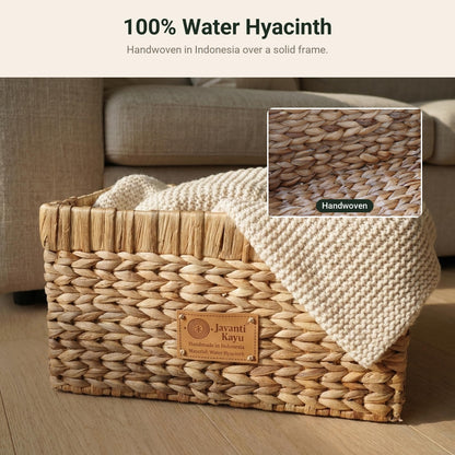 Medium water hyacinth basket holding a folded throw, with a close-up of the weave