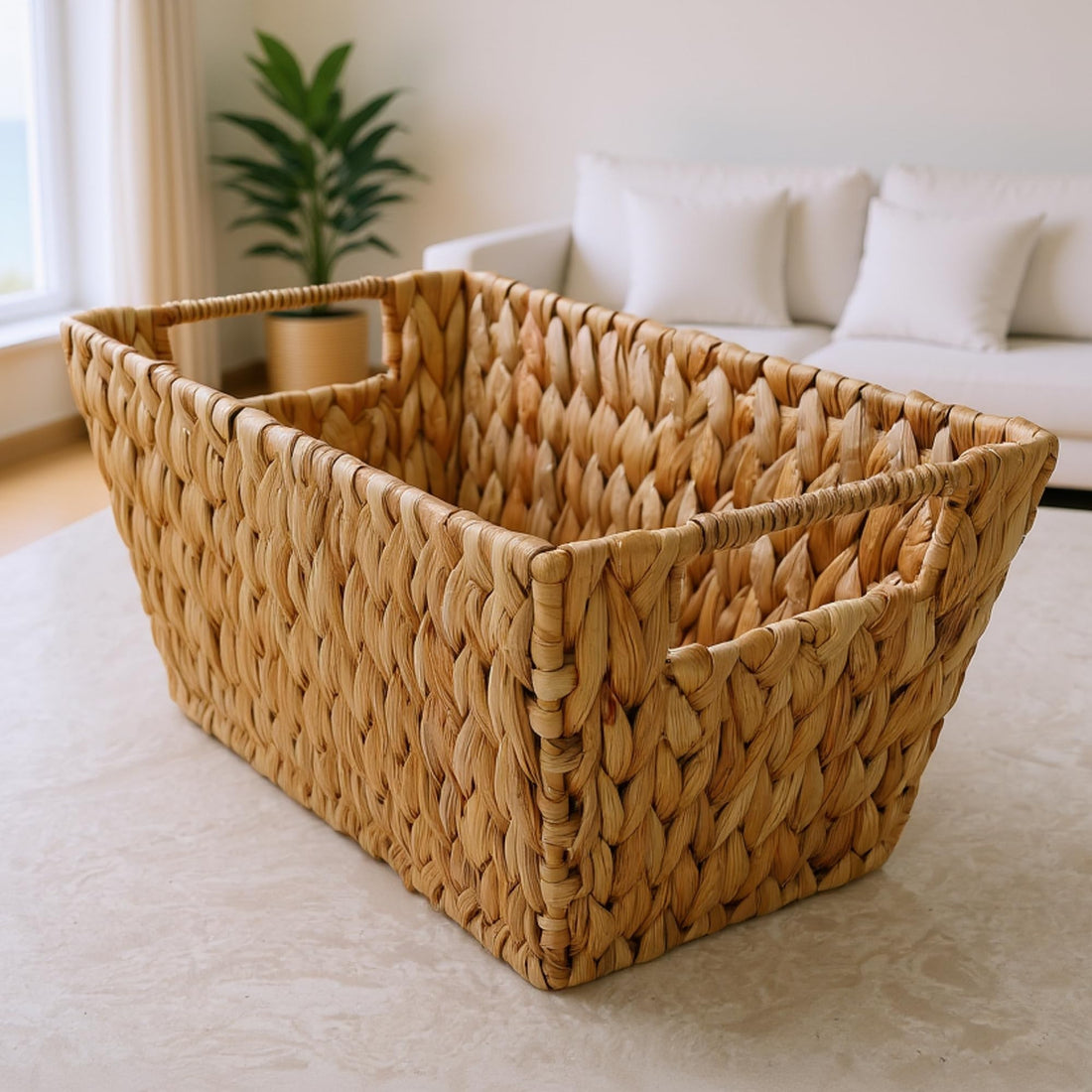 Water hyacinth hamper basket styled in a living room beside a sofa and potted plant