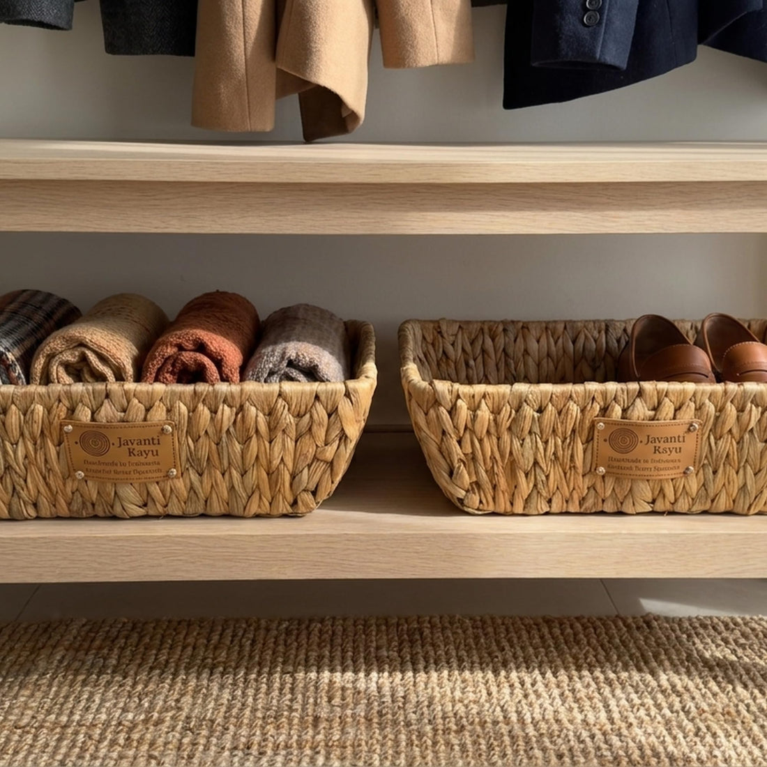 Pair of woven trays on a wardrobe shelf holding folded knitwear and shoes