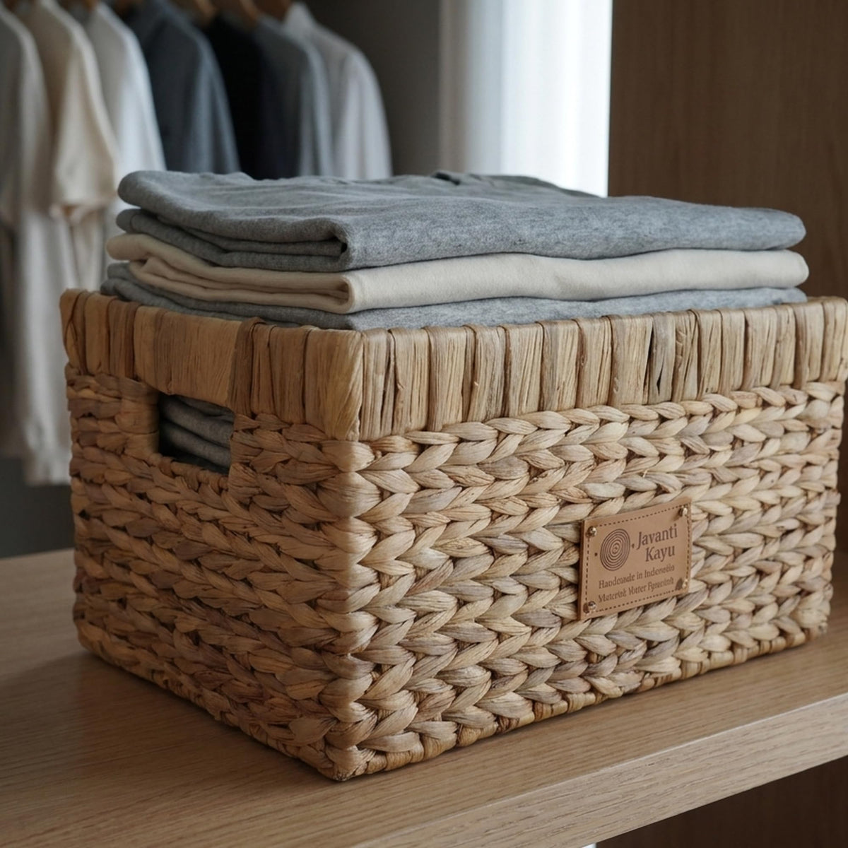 Medium basket in a wardrobe holding folded knitwear