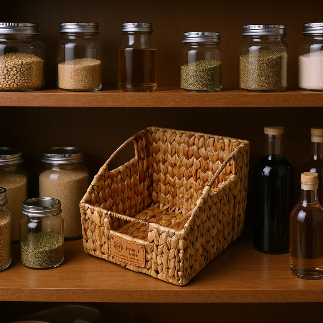 Water hyacinth pantry bin styled on a kitchen pantry shelf with jars and bottles