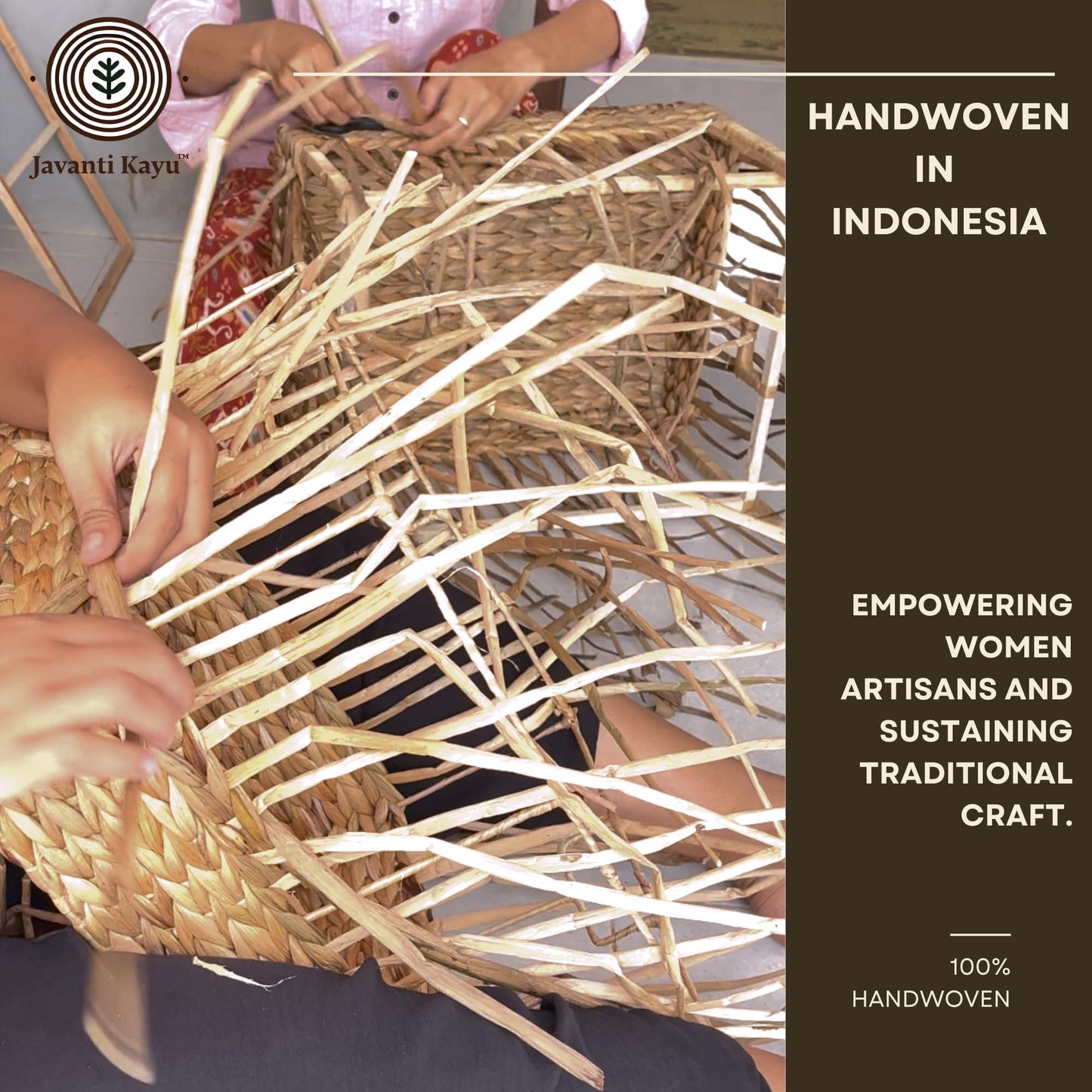 Women artisans in Indonesia weaving water hyacinth baskets by hand