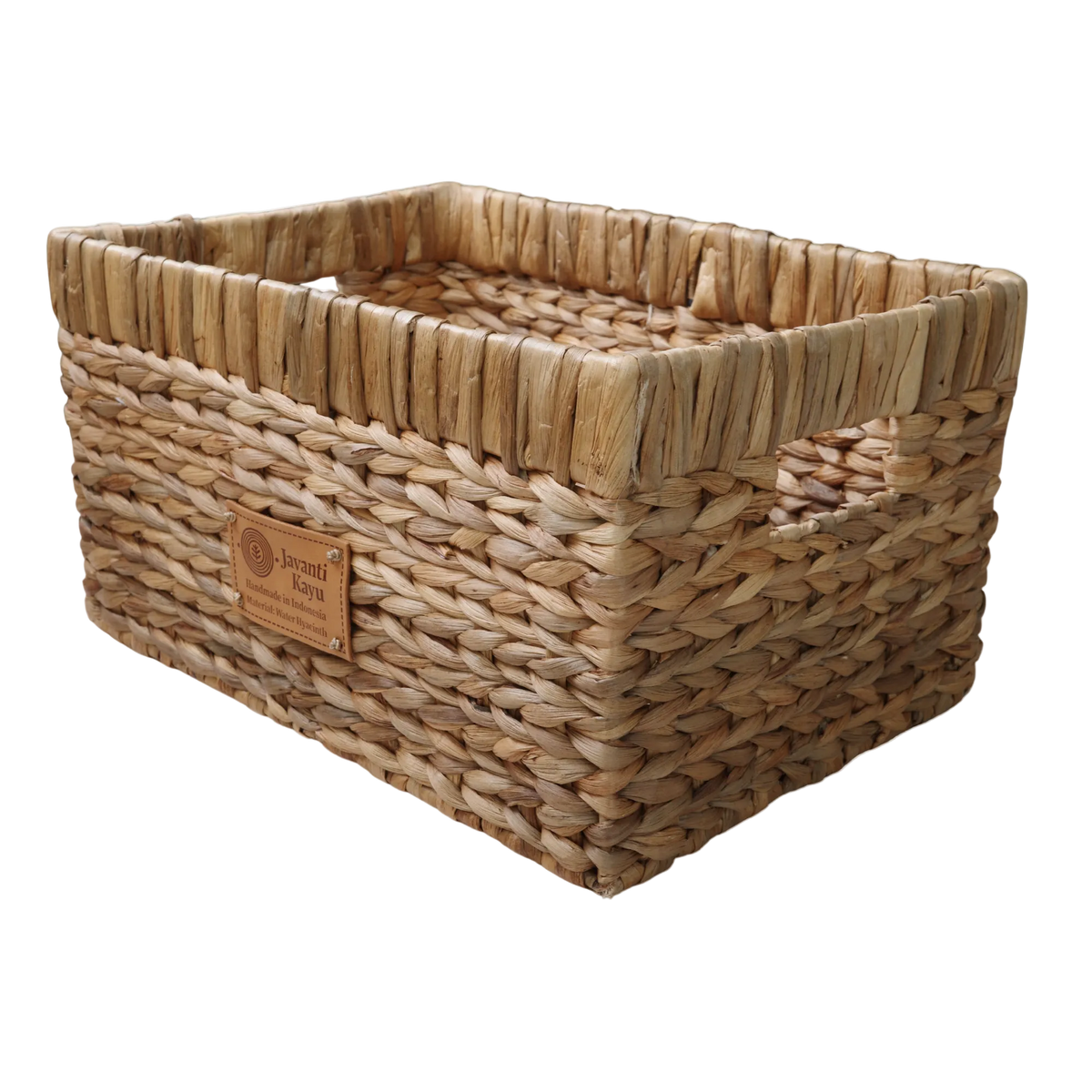 Handwoven water hyacinth rectangular storage basket with cutout handles