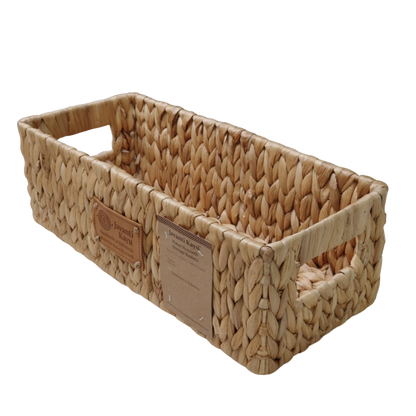 Long low water hyacinth basket for shelves and wire racks