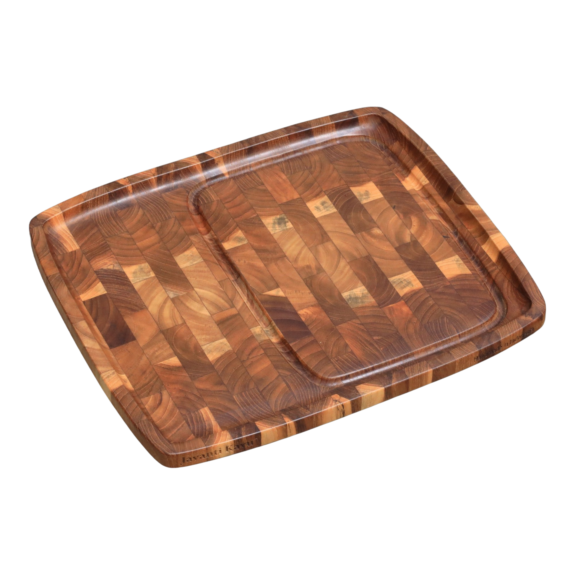 Solid teak end-grain steak plate with juice groove, divided zone, and engraved Javanti Kayu logo