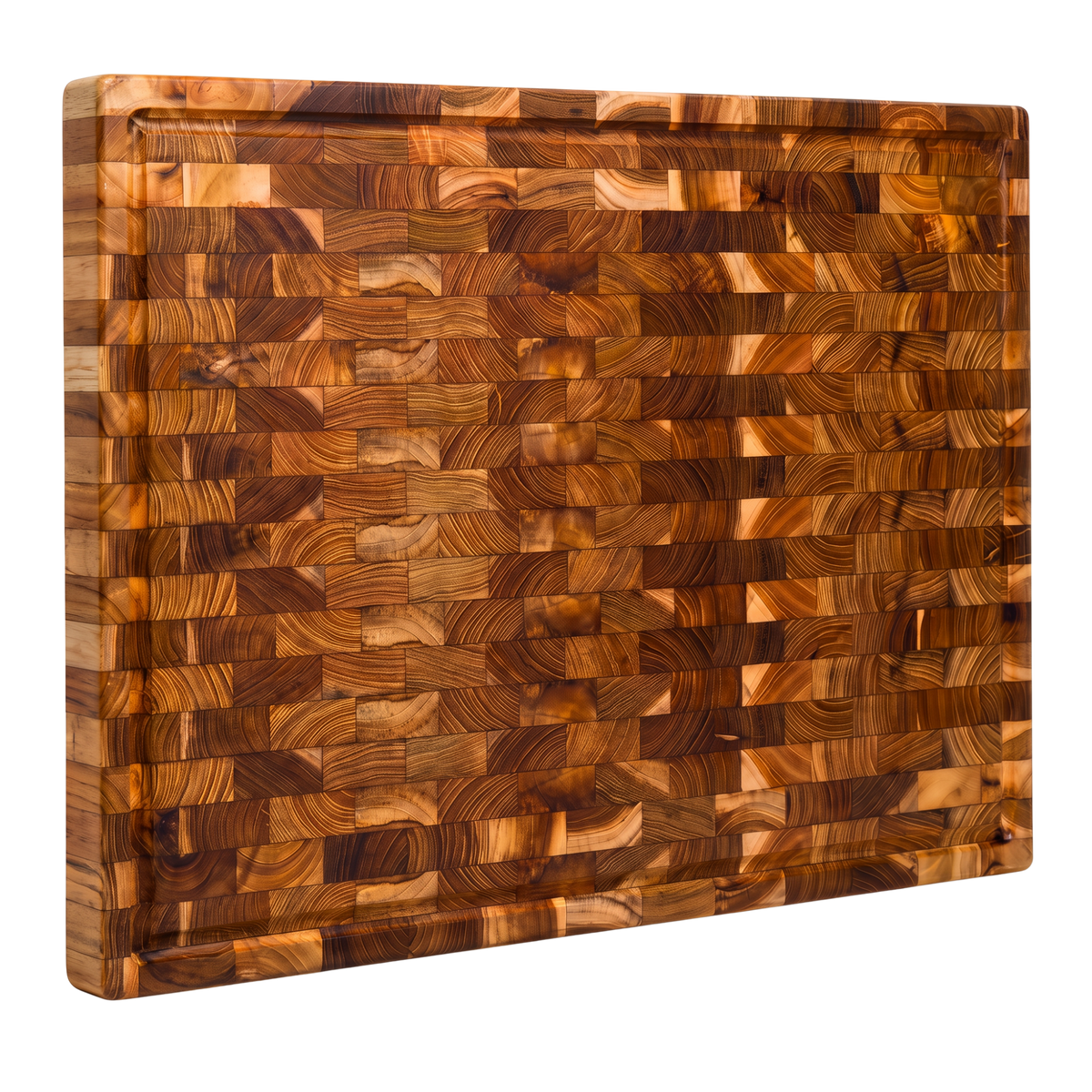 End-grain teak cutting board with juice groove, angled view