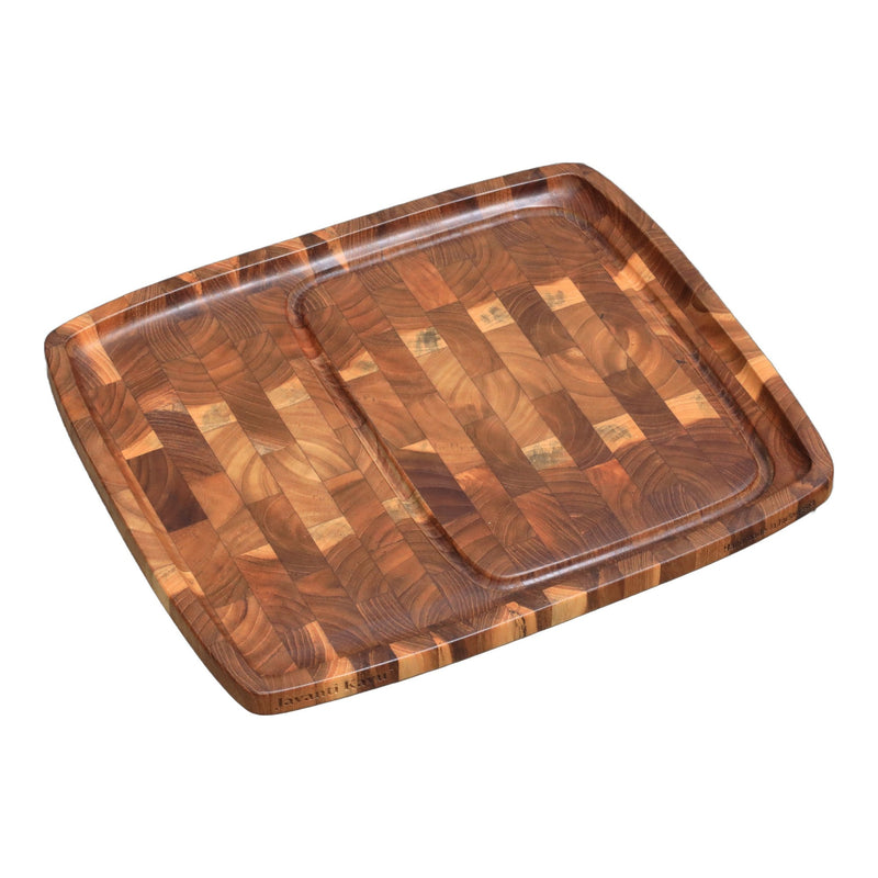 End grain teak steak plate with a divided sides zone and juice groove, engraved Javanti Kayu
